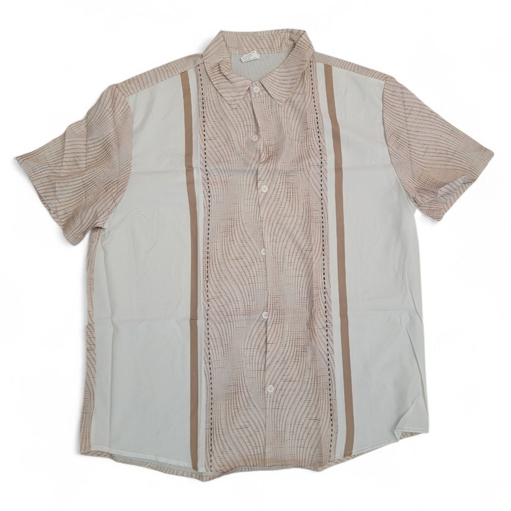 Men's Casual Beige and White Button Down Shirt - Picture 2 of 7